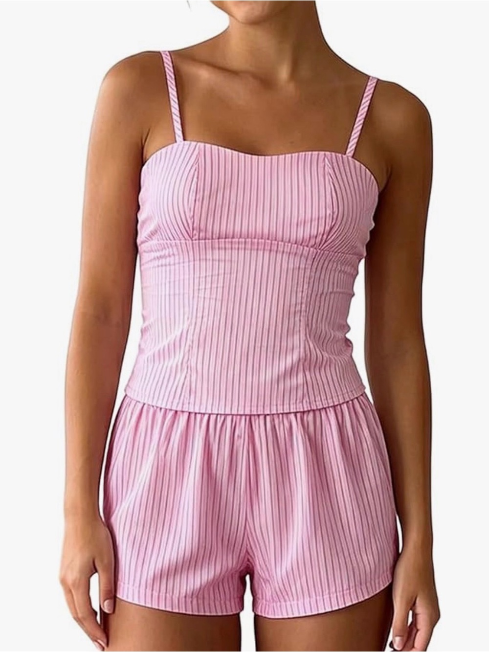 Pink Striped Women's Small Cami Top w/ Lace Up Back & Shorts Pajama Sleep Set